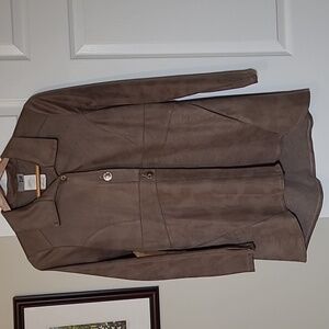 ZOE,JACKET, LONG LINE BLAZER, tan faux suede, Lightweight, oversized XS.